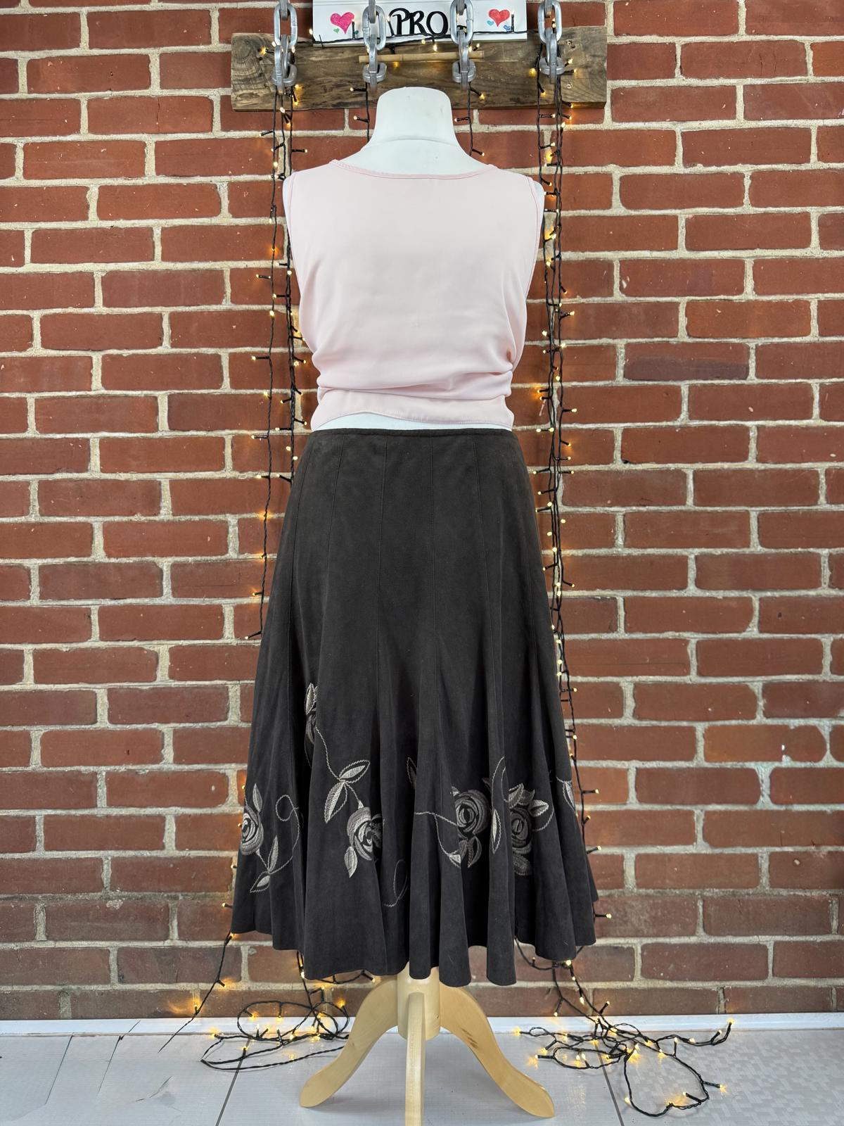 M&S Per Una Brown Y2K  Flared Skirt Embroidered Hem UK 14 Peachskin sku472
