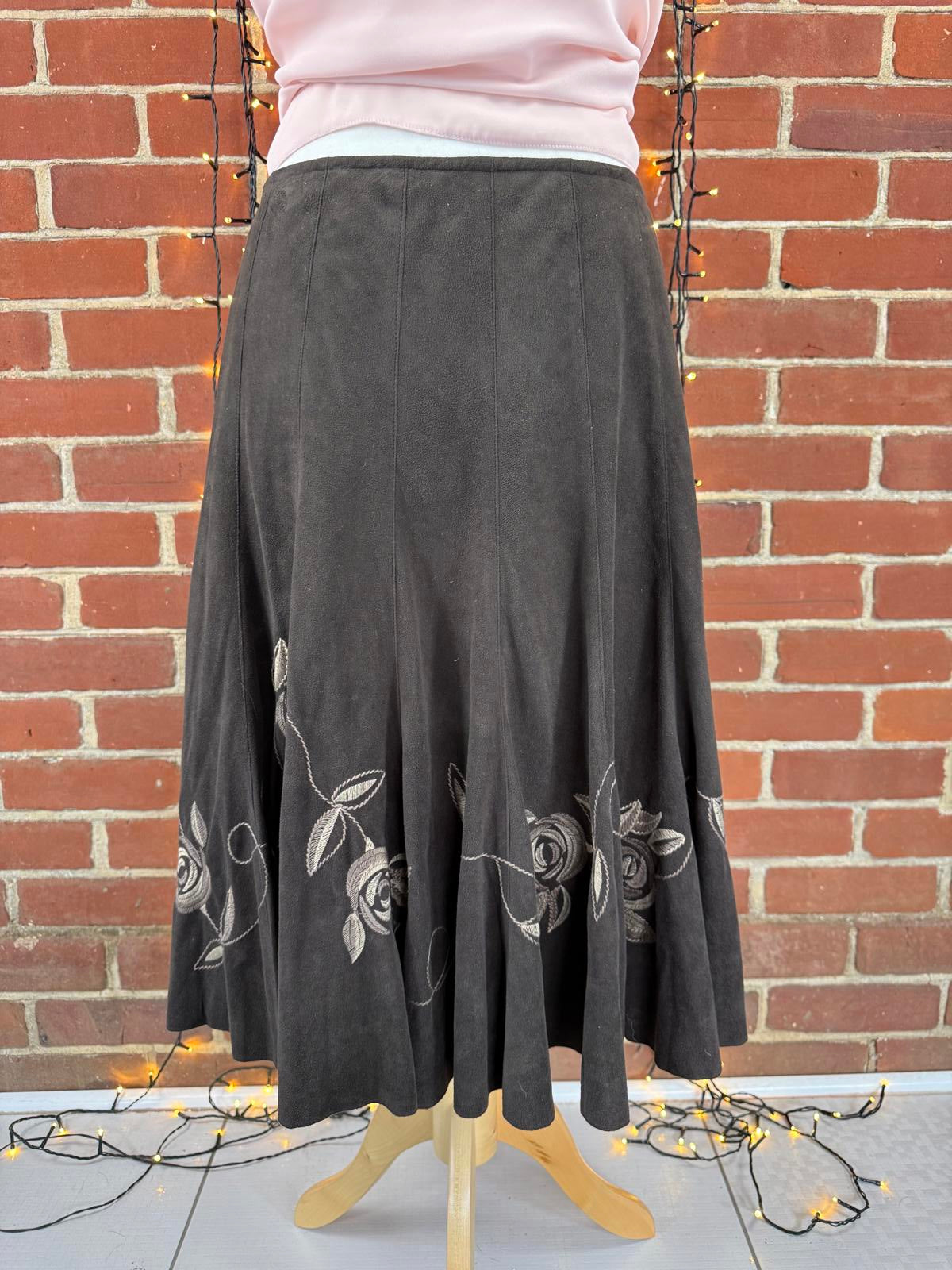 M&S Per Una Brown Y2K  Flared Skirt Embroidered Hem UK 14 Peachskin sku472