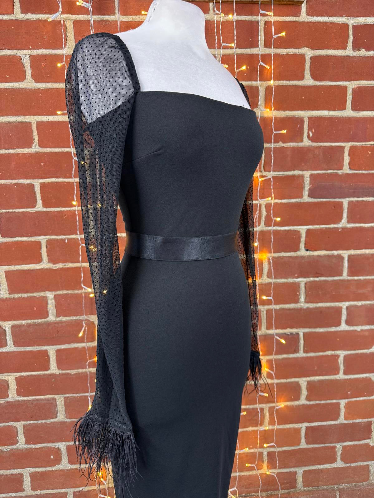 Goddiva Black Feather sleeve Midi Dress - Size 8  🖤    sku474