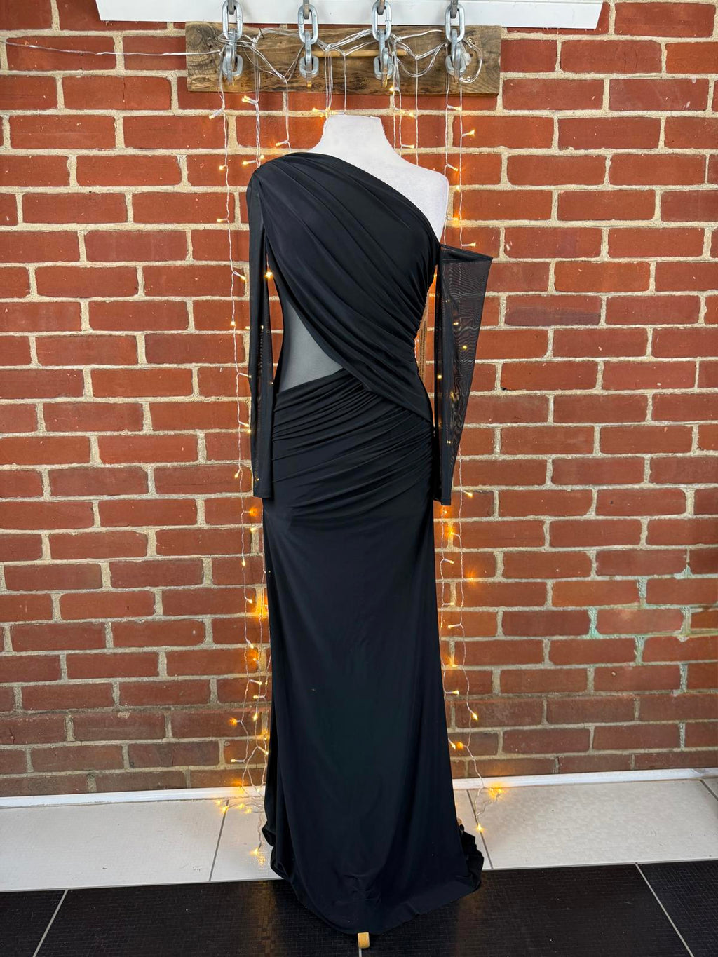 Goddiva Black One Shoulder Maxi Dress UK 8 BNWT Asymmetric Mesh Evening Prom 475