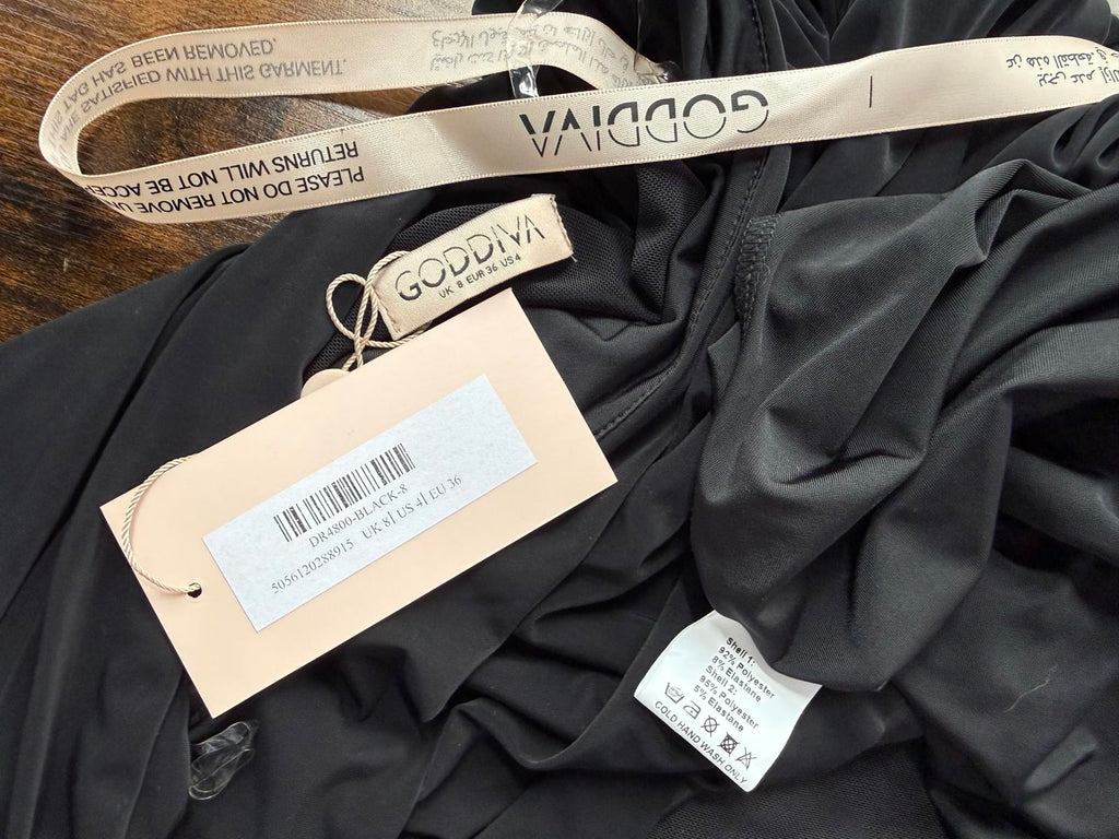 Goddiva Black One Shoulder Maxi Dress UK 8 BNWT Asymmetric Mesh Evening Prom 475