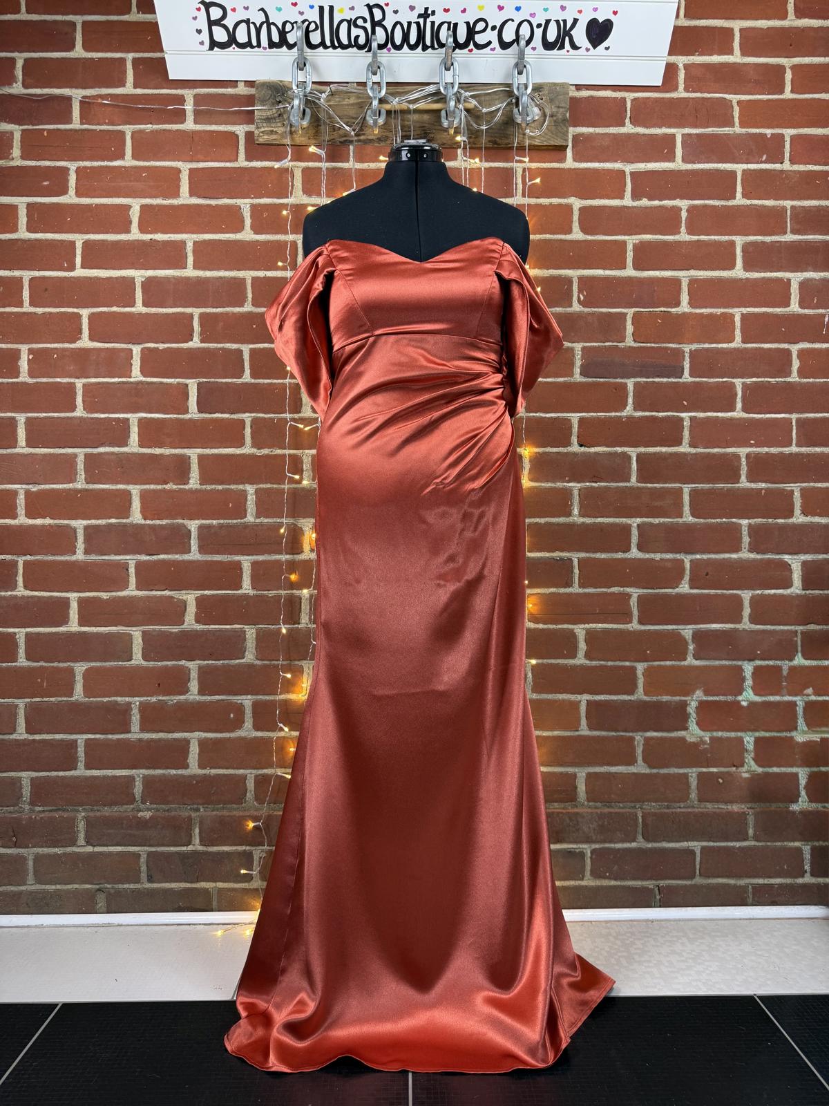 Goddiva Rust Satin Off Shoulder Maxi Gown BNWT Fitted UK 8 US 4 ~Read info!