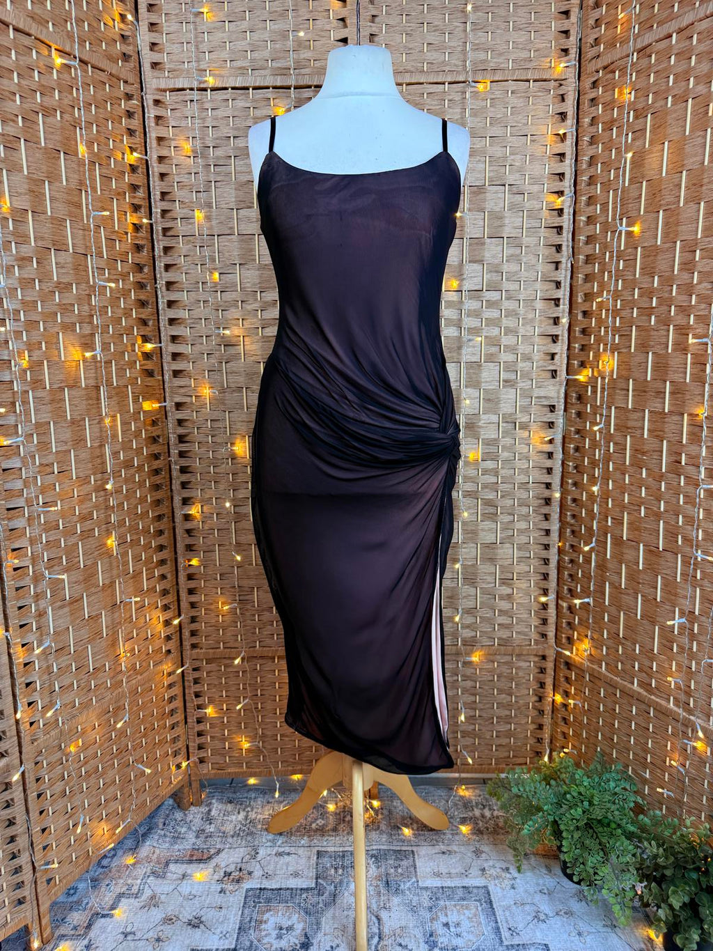 Goddiva Black Ruched Mesh Dress UK 14 US 10 Night Out Midi