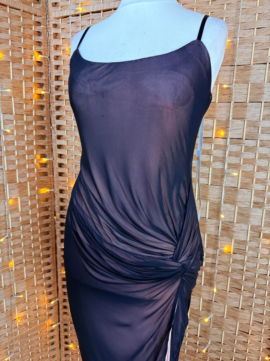 Goddiva Black Mesh Midi Dress UK 14 US 10 Ruched Slip Party Y2K Style
