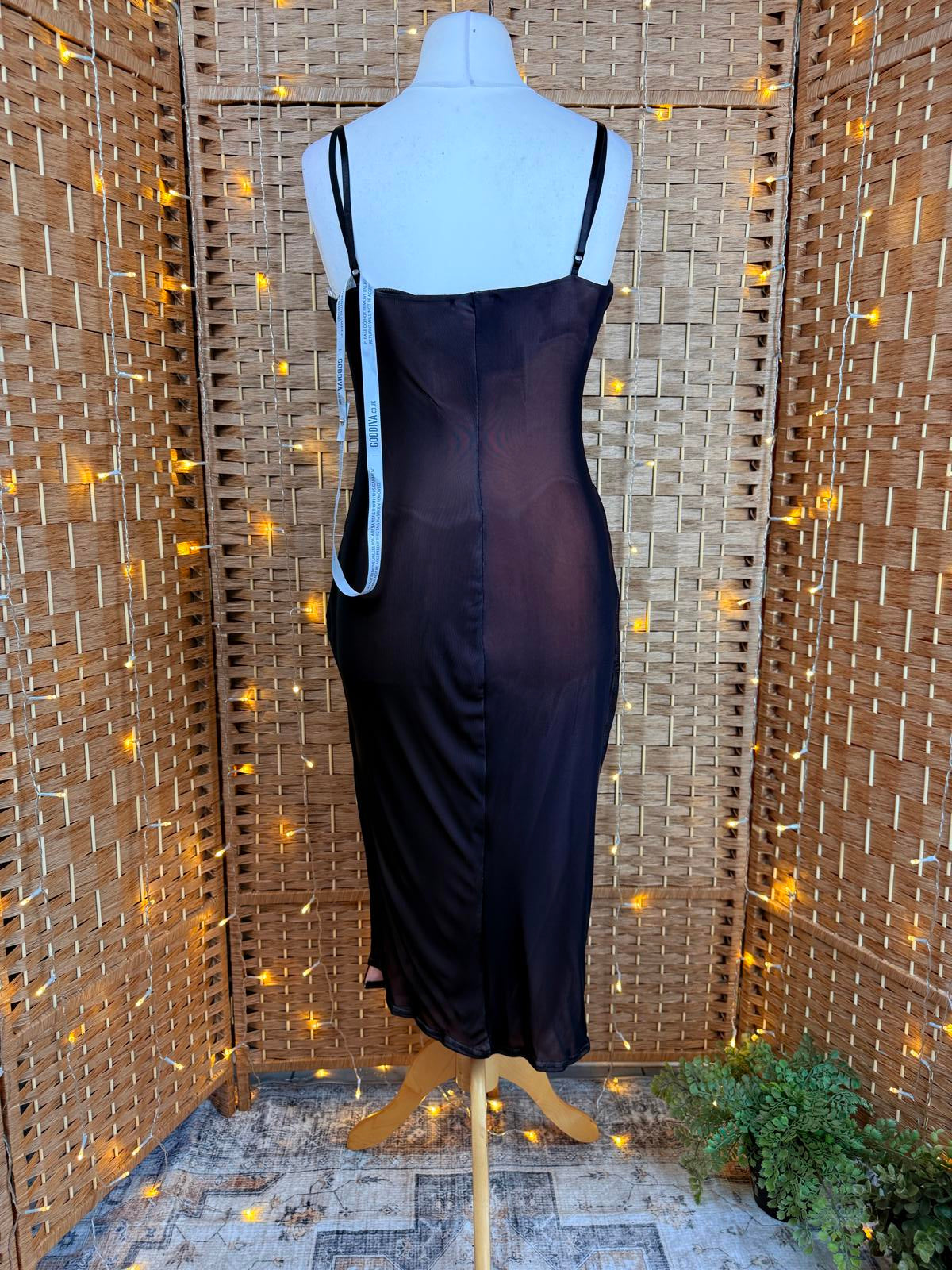 Goddiva Black Ruched Mesh Dress UK 14 US 10 Night Out Midi
