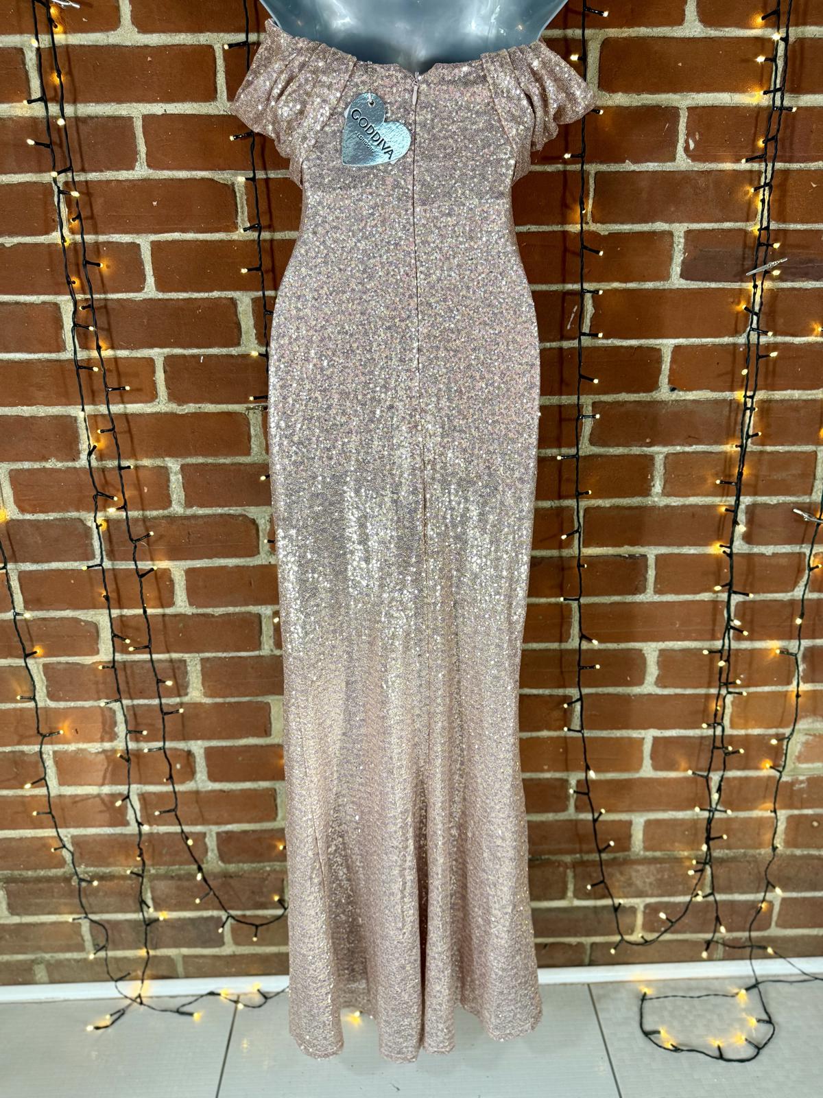 Goddiva London Rose Gold Sequin Maxi Dress UK 6 Elegant Evening Gown sku 188