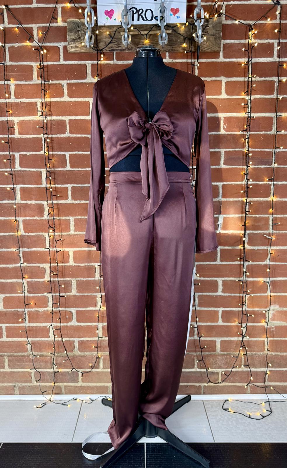 !Sale! Goddiva TR309 Brown Satin Cut Out Jumpsuit UK 16 BNWTsku200