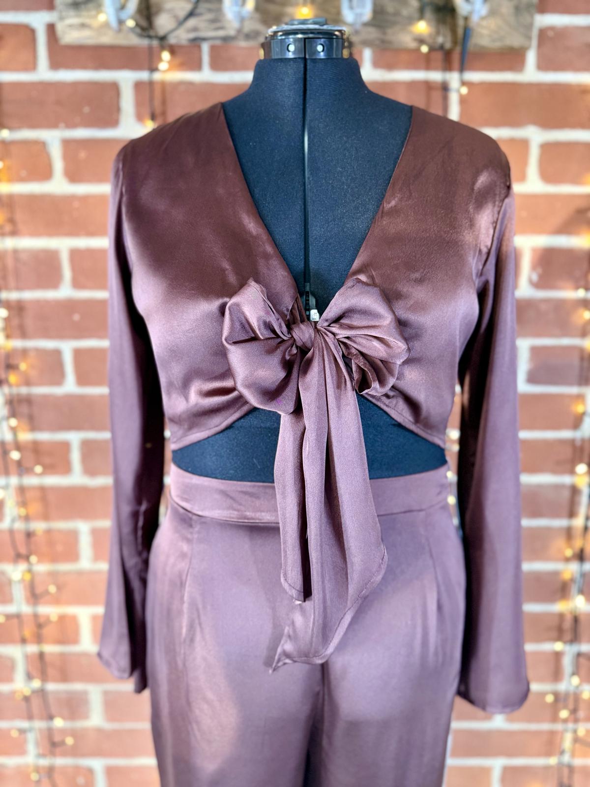 !Sale! Goddiva TR309 Brown Satin Cut Out Jumpsuit UK 16 BNWTsku200