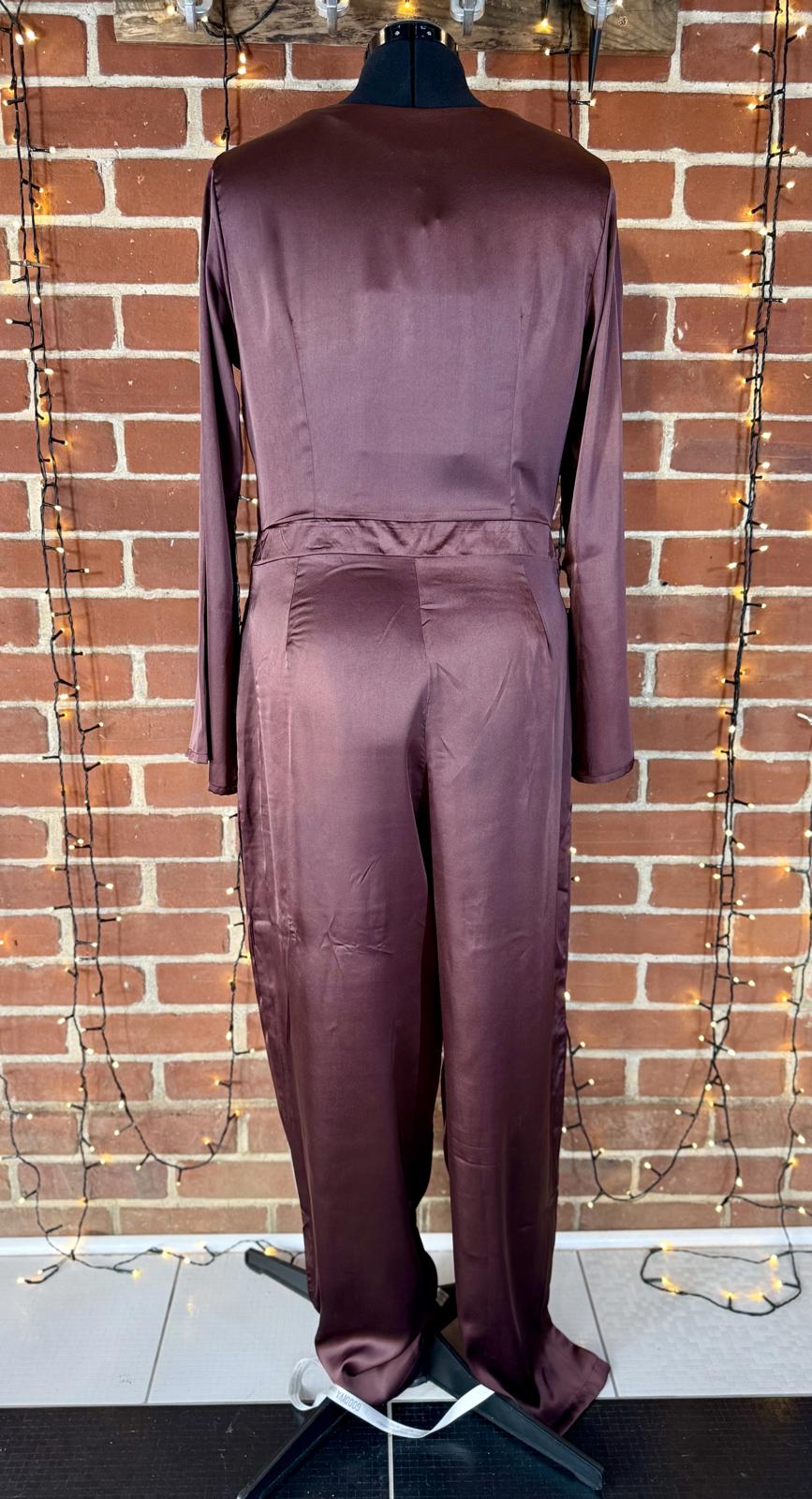 !Sale! Goddiva TR309 Brown Satin Cut Out Jumpsuit UK 16 BNWTsku200