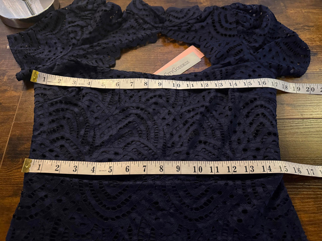 City Goddess Navy Lace Mini Dress UK 14 US 10 BNWT Open Back sku219