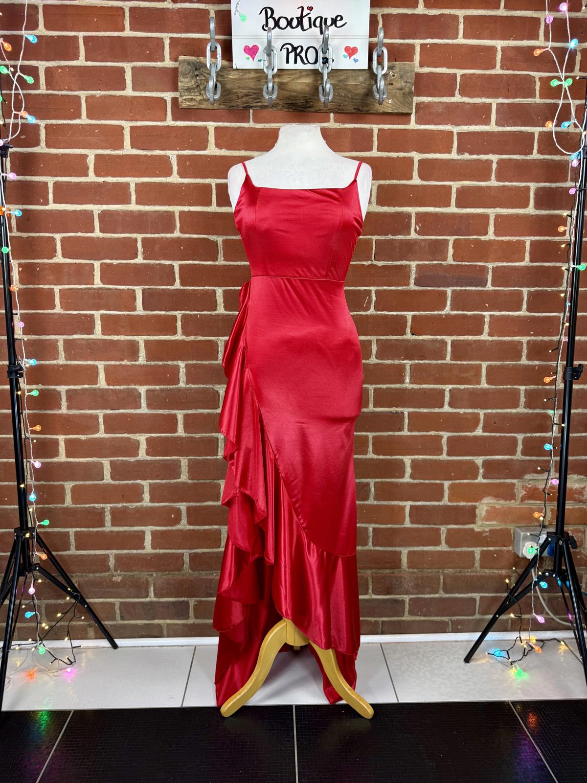 Red Ruffle Satin Maxi Gown | UK 8–10 / US 4–6 | Stunning  Party Dress .269