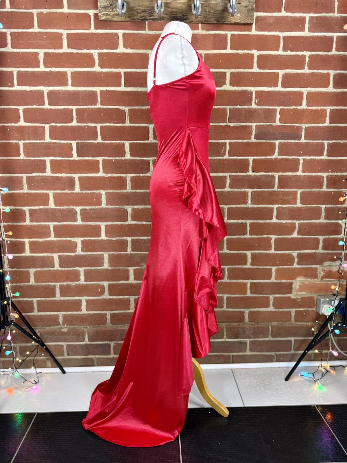 Red Ruffle Satin Maxi Gown | UK 8–10 / US 4–6 | Stunning  Party Dress .269