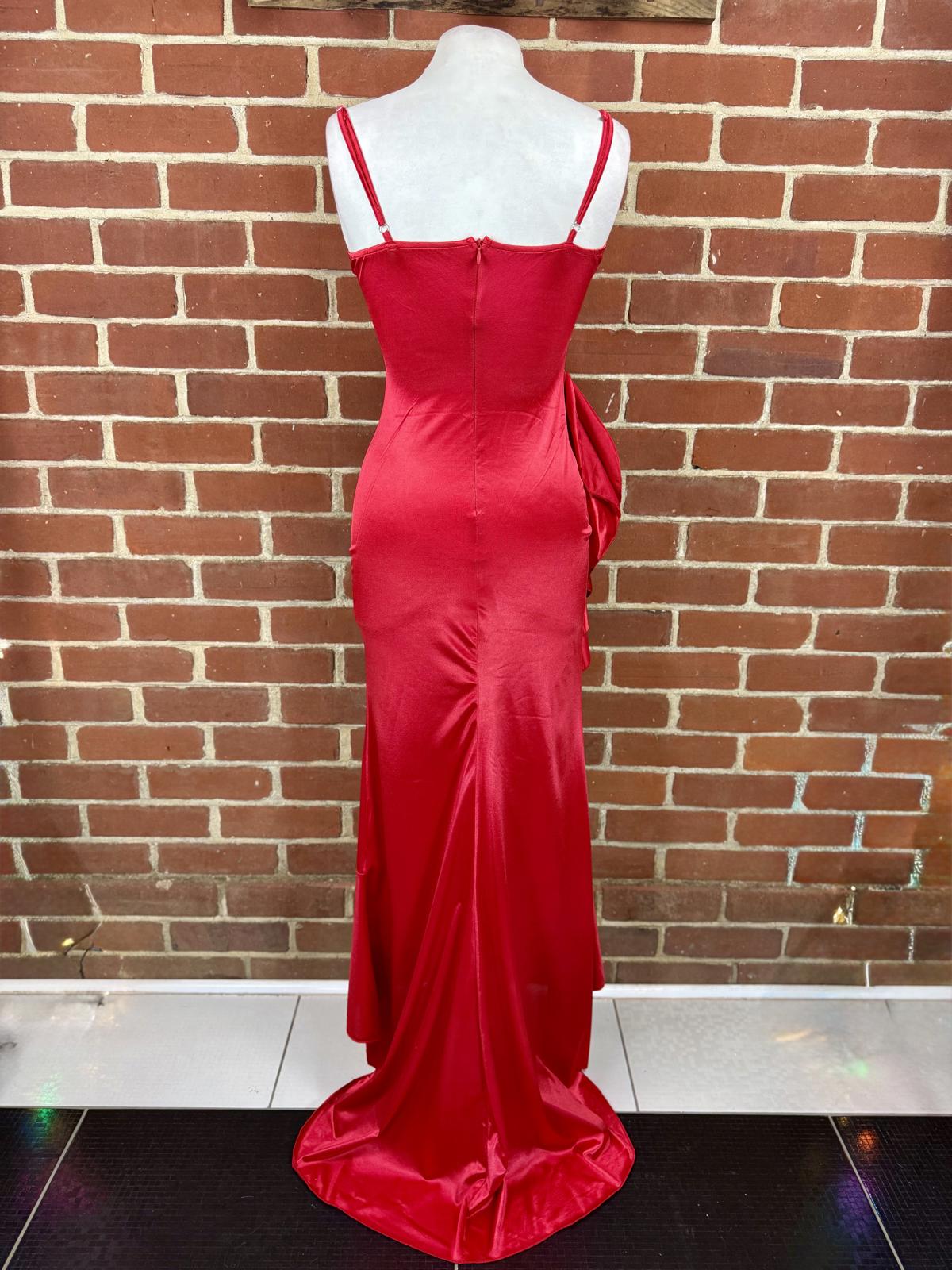 Red Ruffle Satin Maxi Gown | UK 8–10 / US 4–6 | Stunning  Party Dress .269