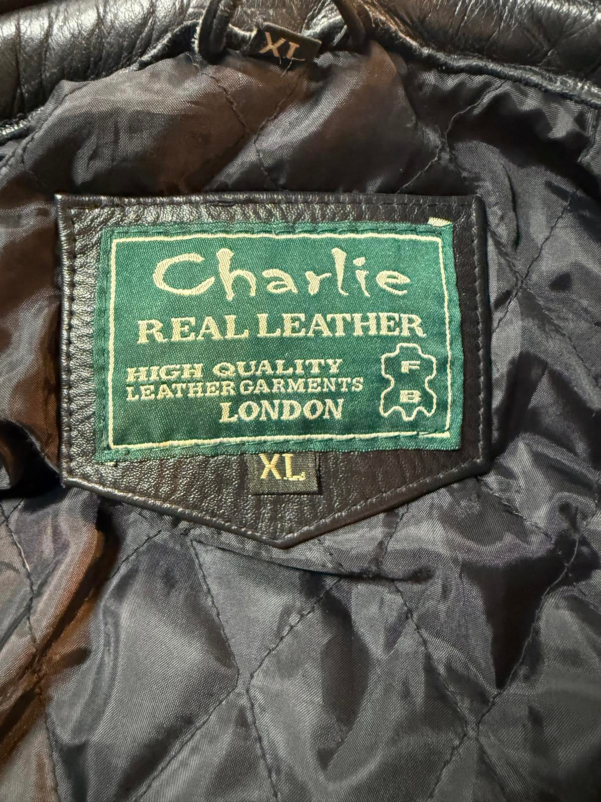 Charlie Real Leather Padded Biker Jacket Uk XL Us XL Black Circa 90s Y2K