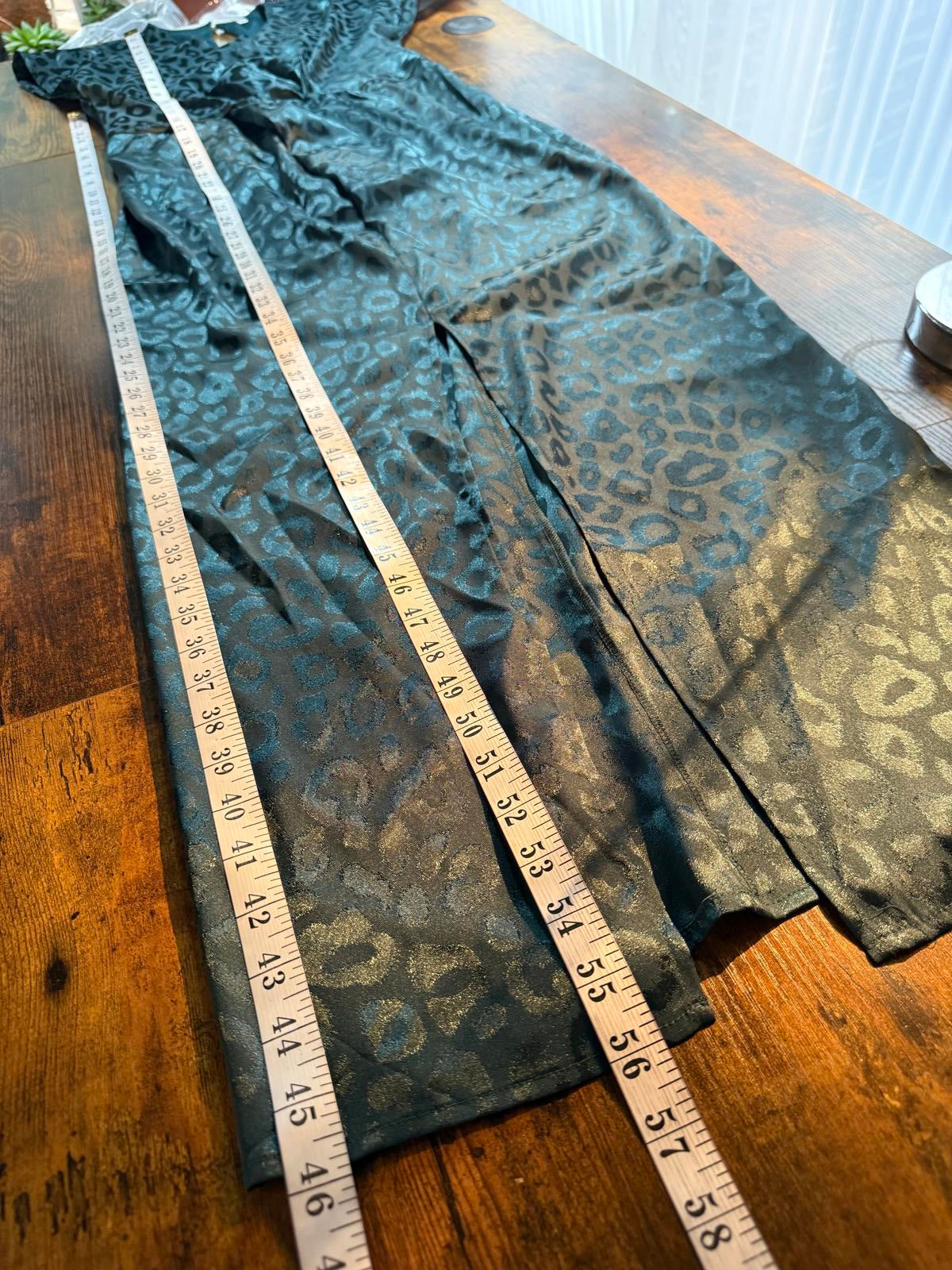 Deep Green Satin Animal Print Maxi Dress UK 10–12 Elegant Evening Gown sku 288