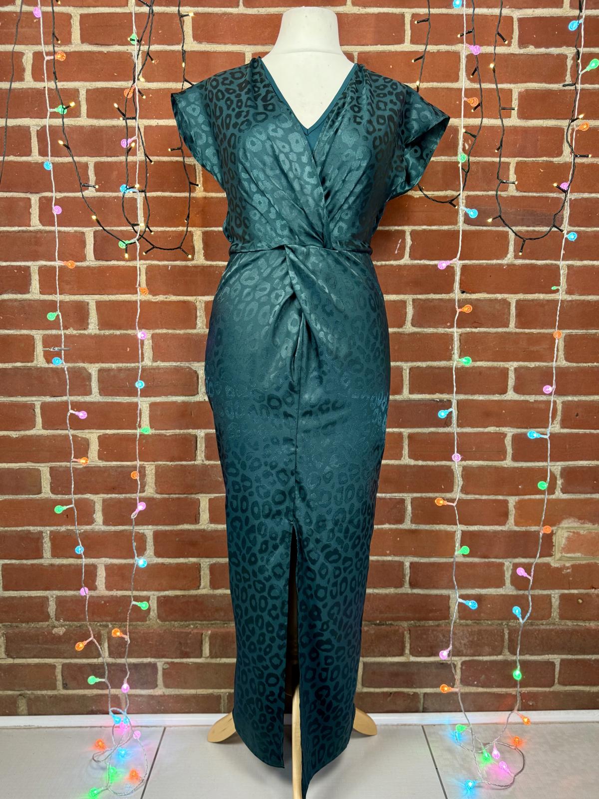 Deep Green Satin Animal Print Maxi Dress UK 10–12 Elegant Evening Gown sku 288