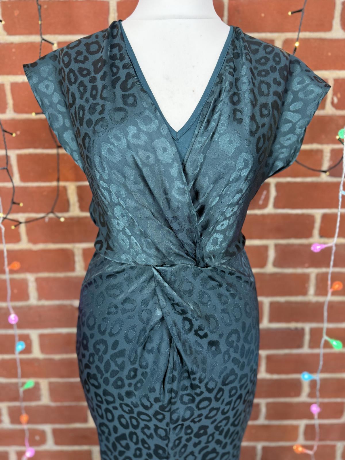 Deep Green Satin Animal Print Maxi Dress UK 10–12 Elegant Evening Gown sku 288