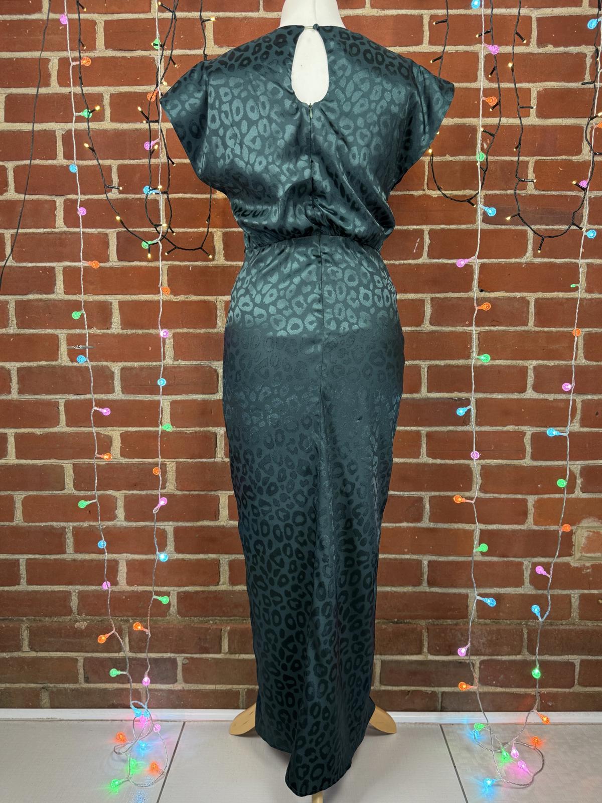 Deep Green Satin Animal Print Maxi Dress UK 10–12 Elegant Evening Gown sku 288