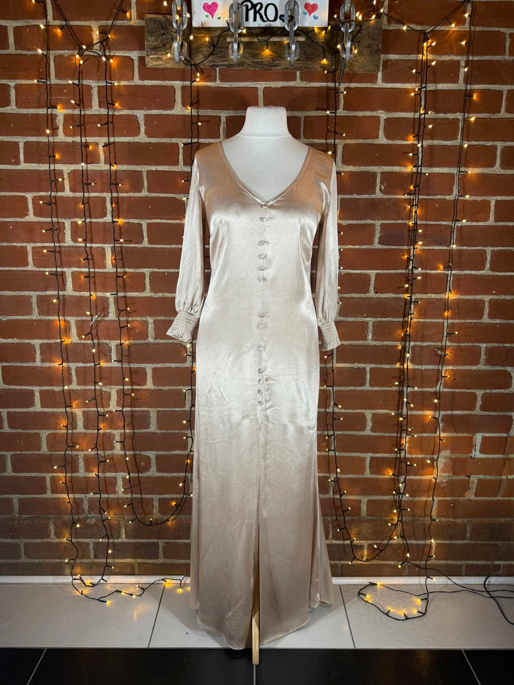 Goddiva Champagne Satin Maxi Dress UK 12 – Button Front Vintage Read Info! 227