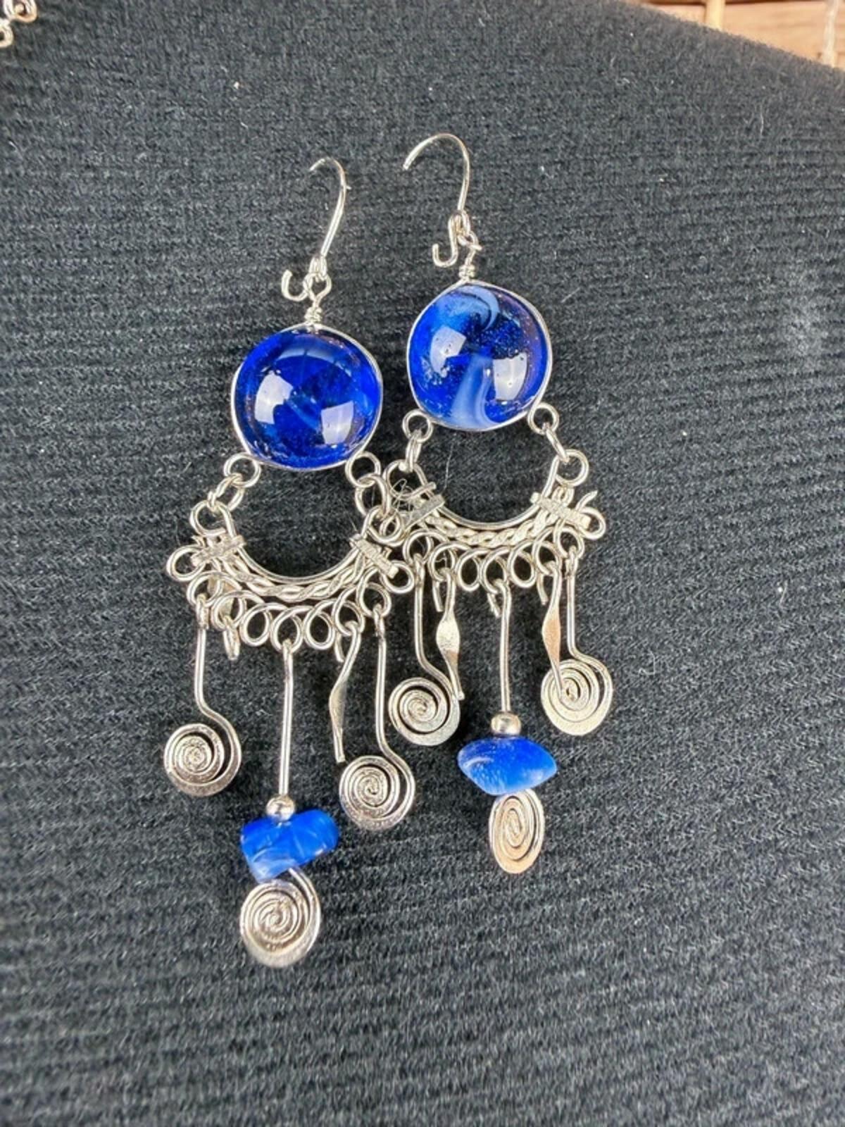 Handmade Blue Statement Necklace & Earrings Set Boho Festival