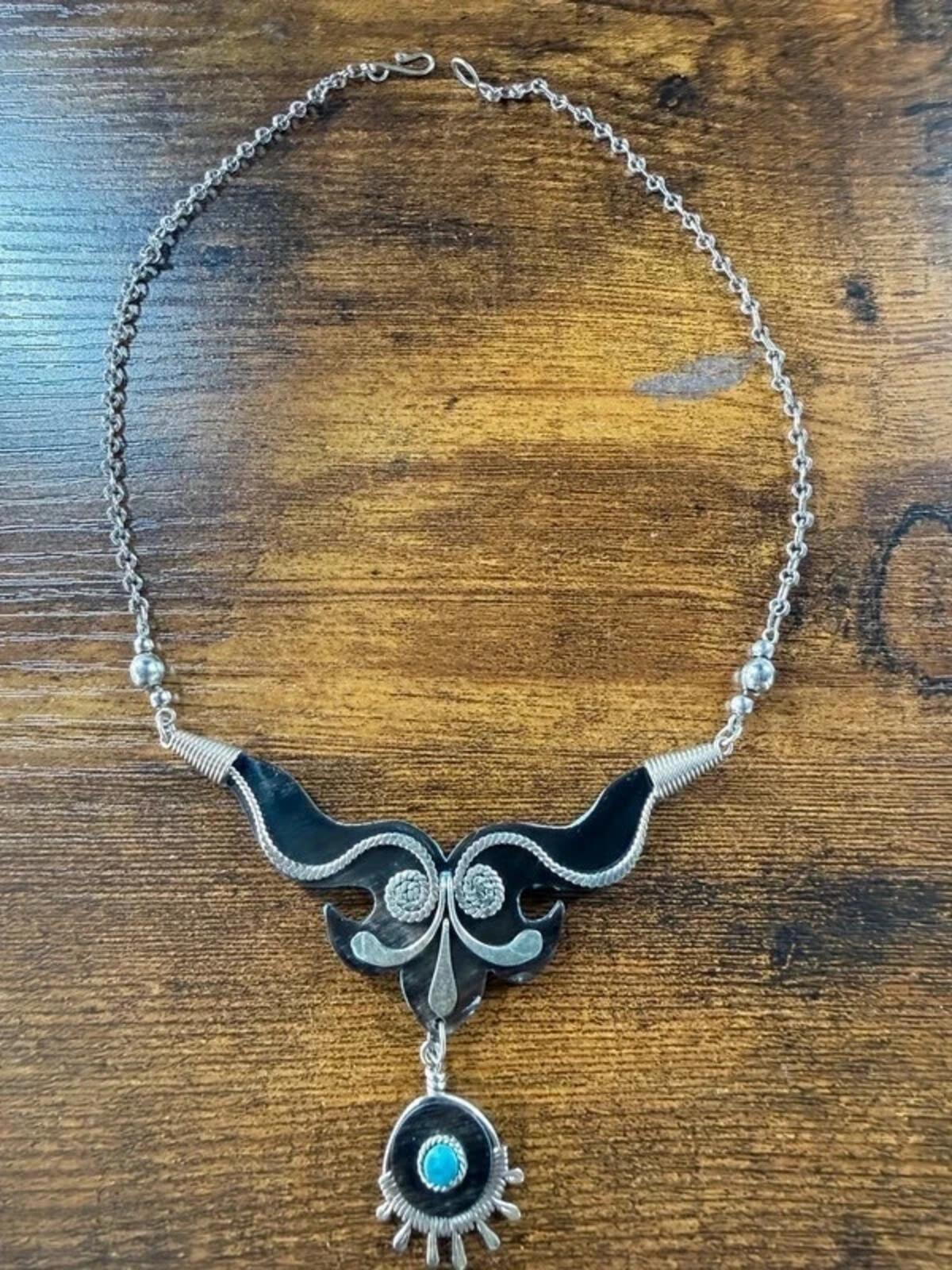 Boho Statement Necklace Silver Tone Turquoise Pendant Festival