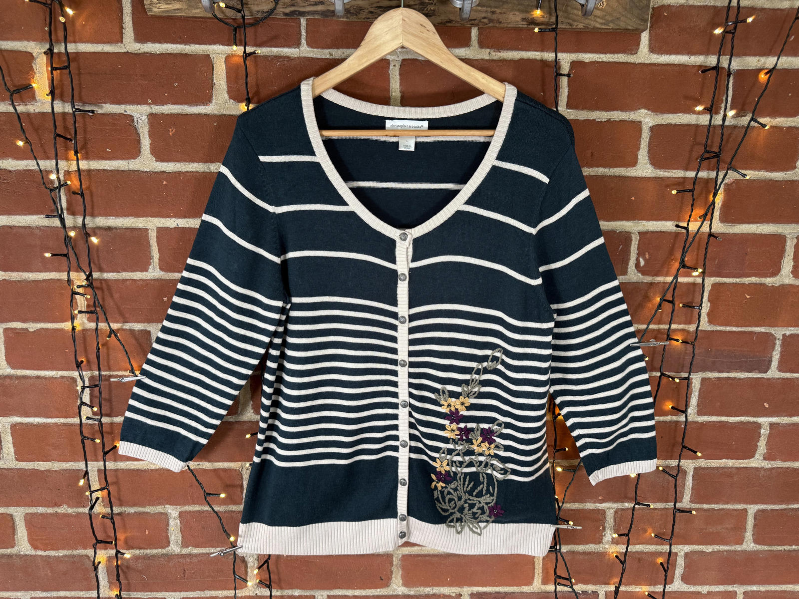 Vintage Christopher & Banks Striped Cardigan with Floral Embroidery UK 16 NUM24