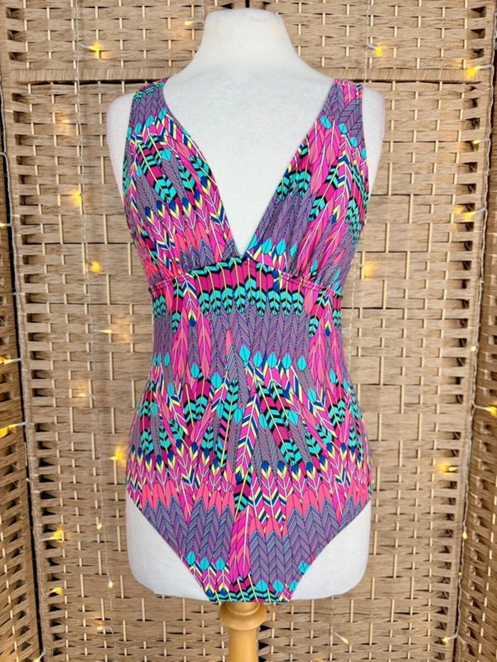 Pink Geometric Swimsuit UK 14 Plunge One Piece Stretch