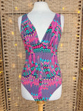 Pink Geometric Swimsuit UK 14 Plunge One Piece Stretch