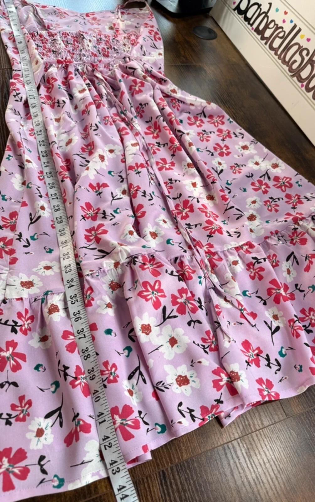 Pink Floral Summer Midi Dress UK 14 Shirred Back Holiday Beach