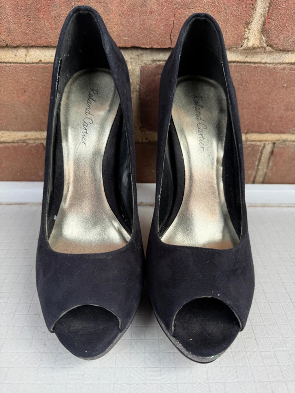 Roland Cartier Black Suede Glitter Platform Peep Toe Heels UK 6
