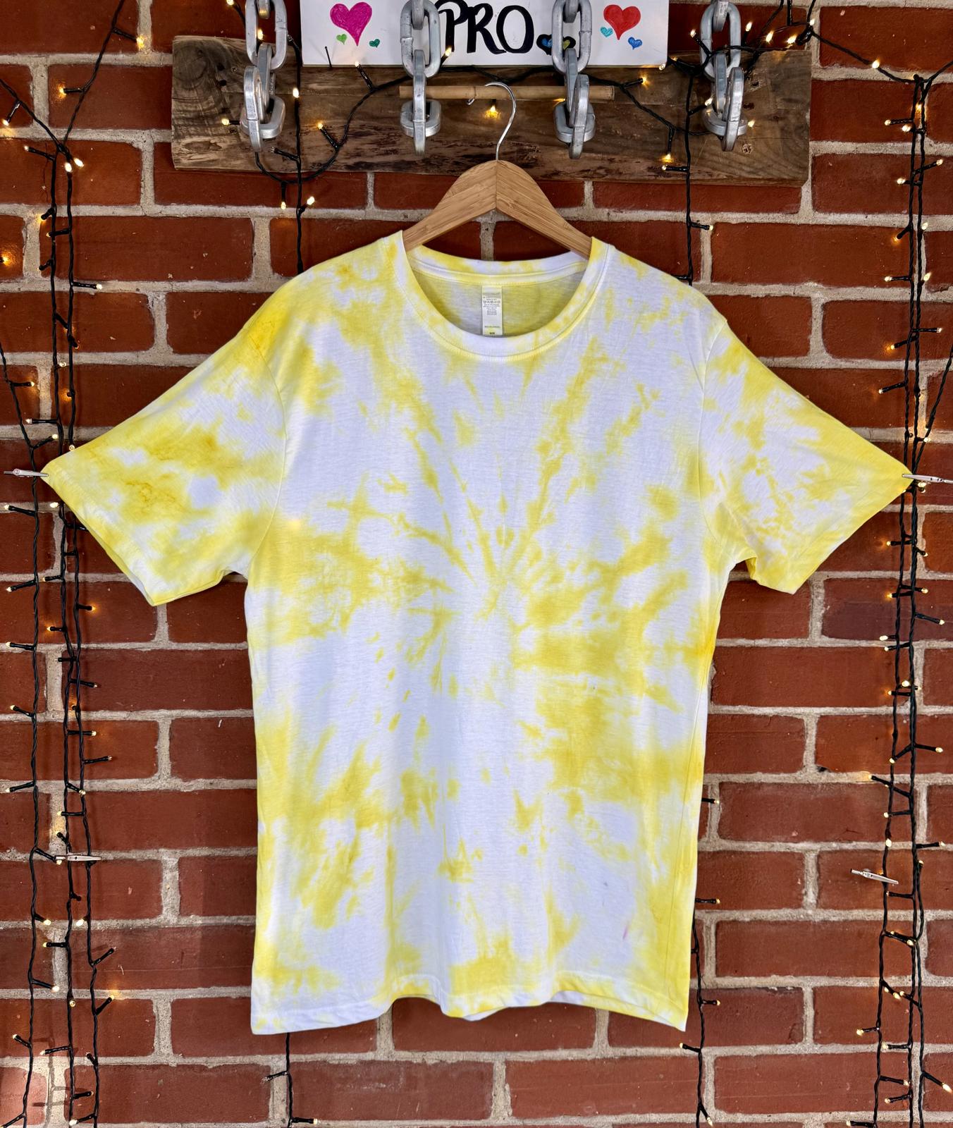 Hand Made Yellow and White Tie-Dye Short Sleeve T-Shirt - Size XL