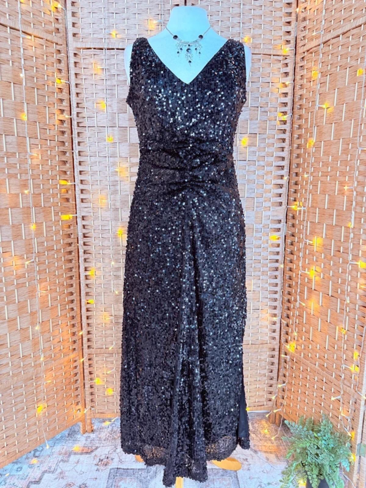 Wallis Black Sequin Midi Dress UK10 US6 Ruched Evening Party