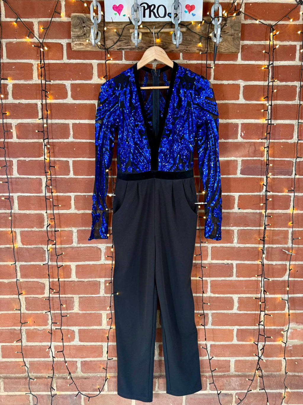 Stephanie Pratt x Goddiva Blue Sequin Plunge Jumpsuit UK 10