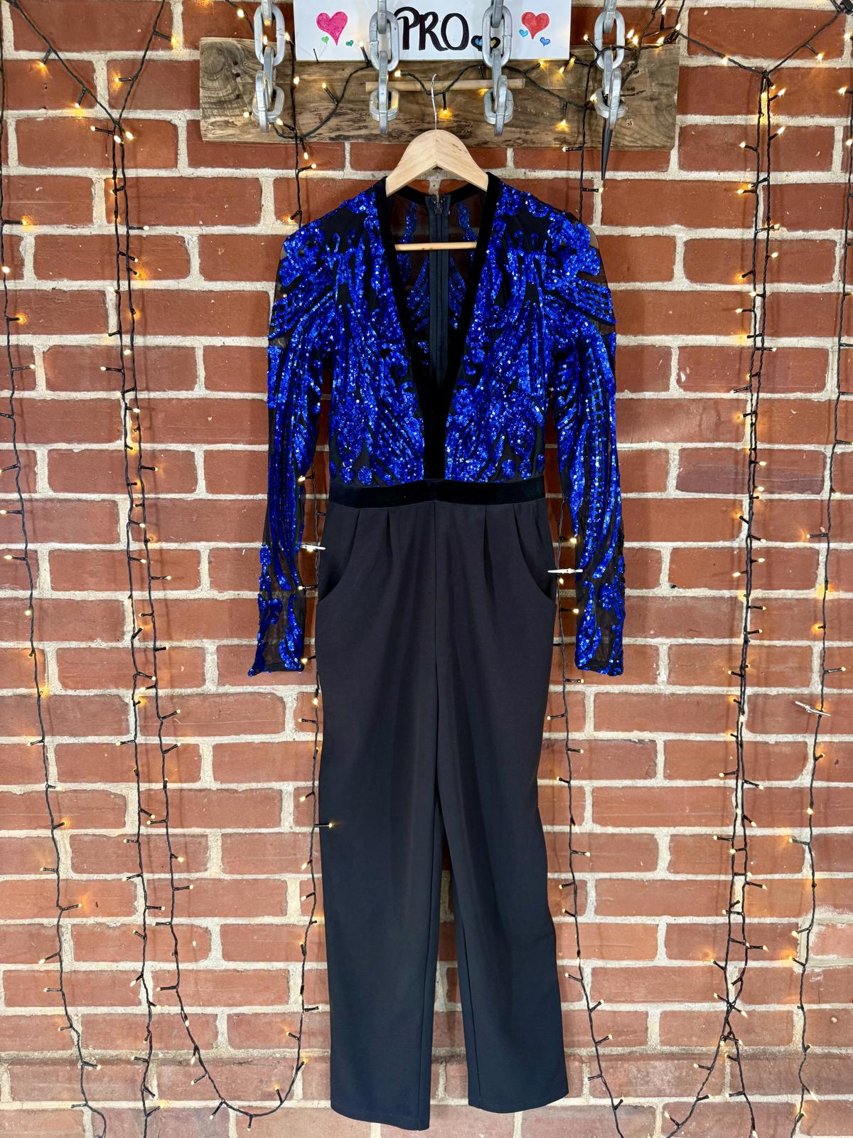Stephanie Pratt x Goddiva Blue Sequin Plunge Jumpsuit UK 10
