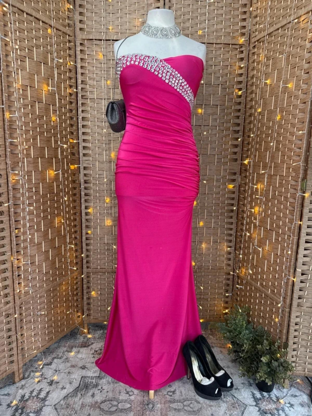 Goddiva Cerise Pink Strapless Maxi Dress UK L Prom Evening