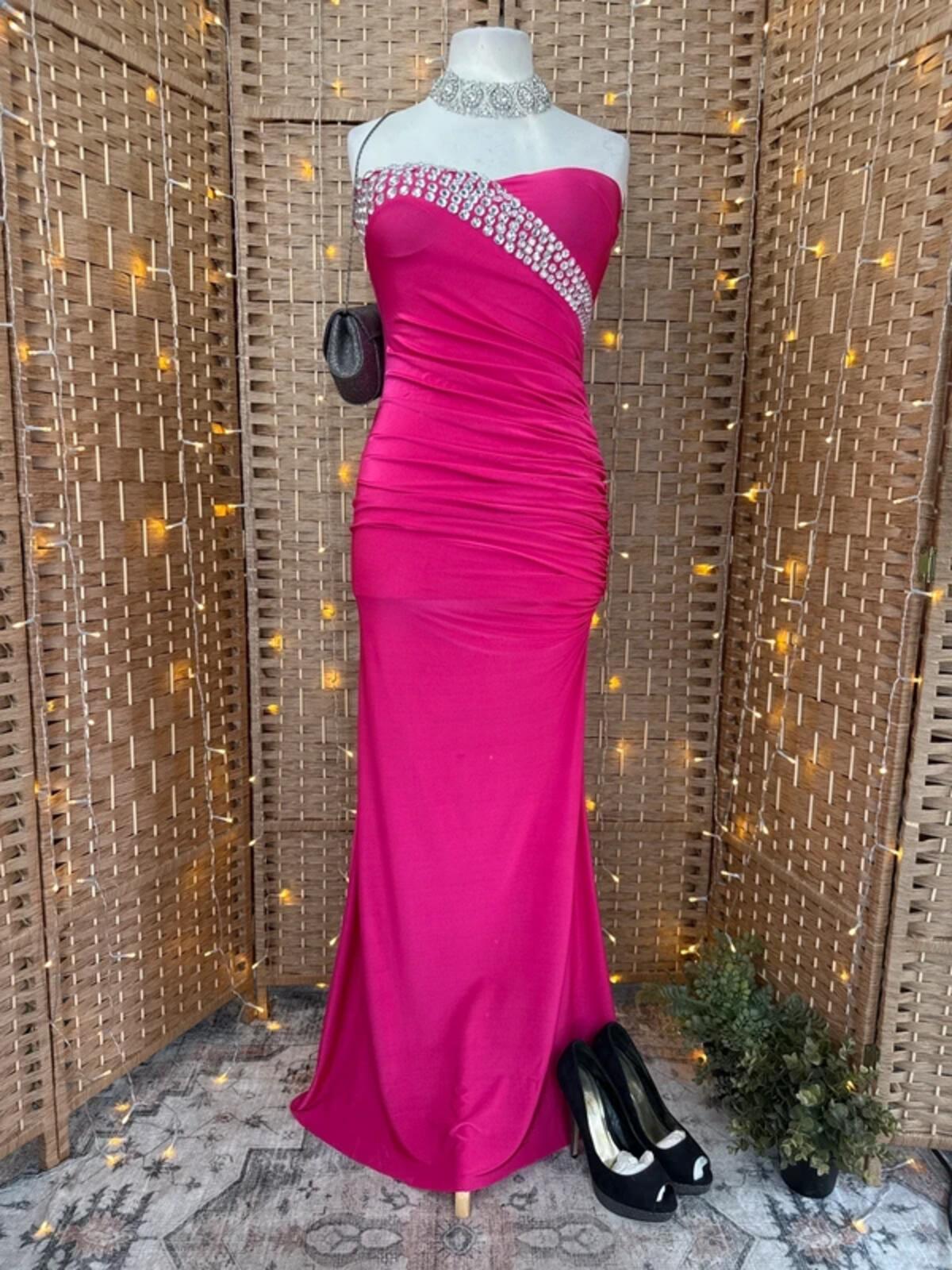 Goddiva Cerise Pink Strapless Maxi Dress UK L Prom Evening