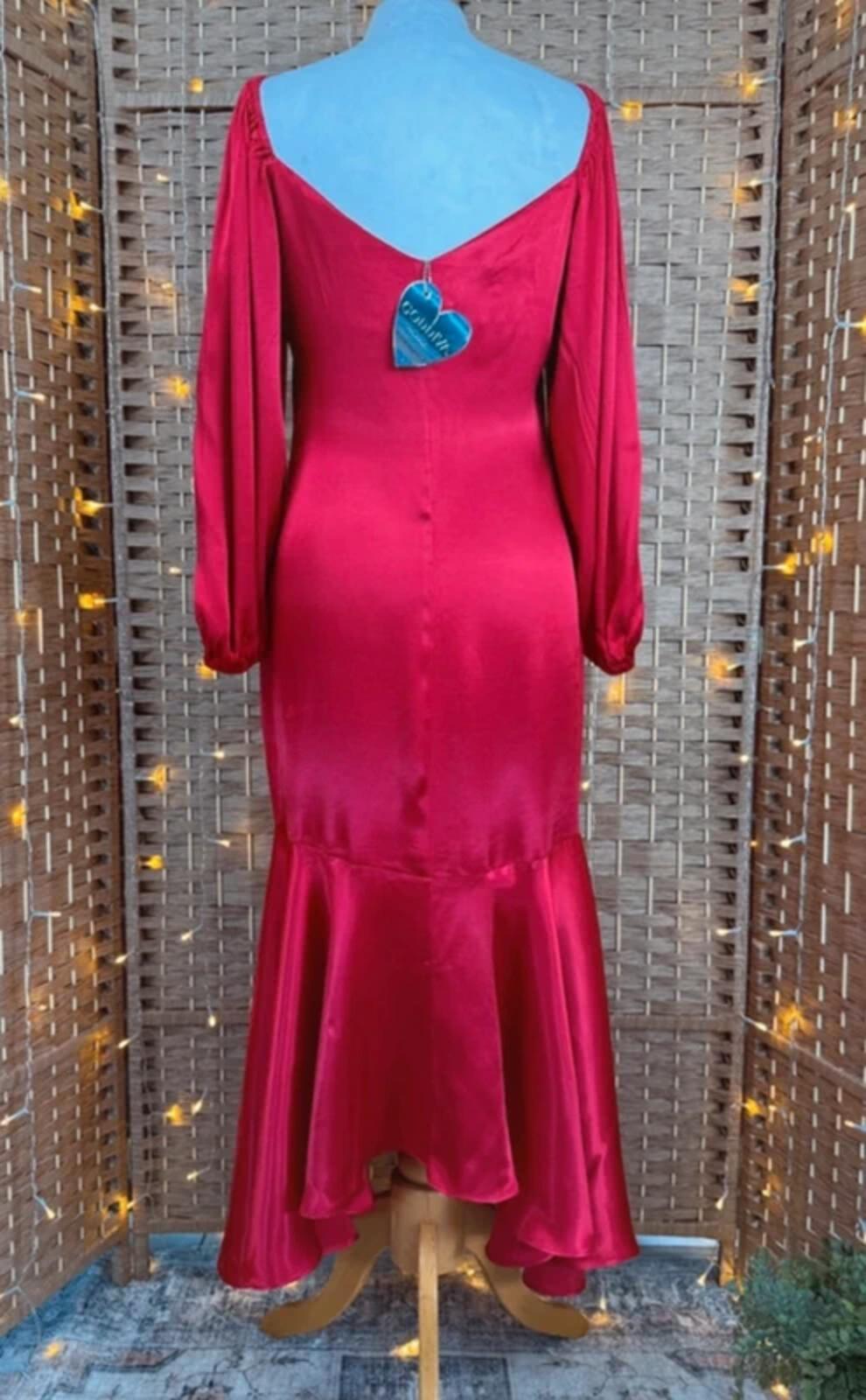 Goddiva Red Satin Midi Dress UK 8 Button Front Long Sleeve Occasion