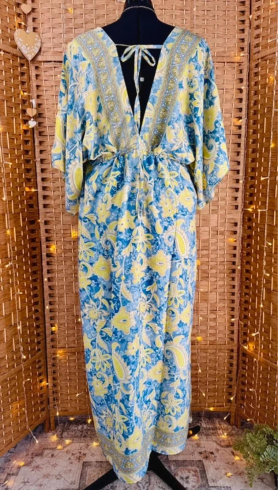 All Things Asia 100% Adjustable Silk Boho Kaftan Maxi Dress UK 14-18