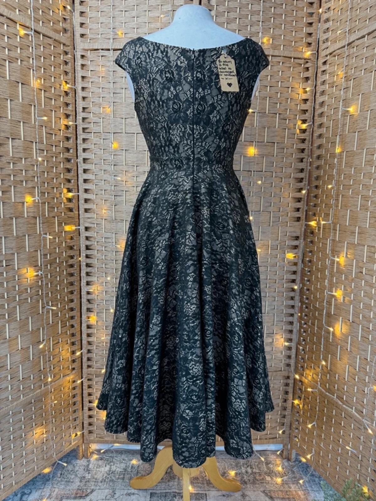 Black Lace Midi Dress UK 6 8 Fit Flare Party Evening Wedding Guest NWOT