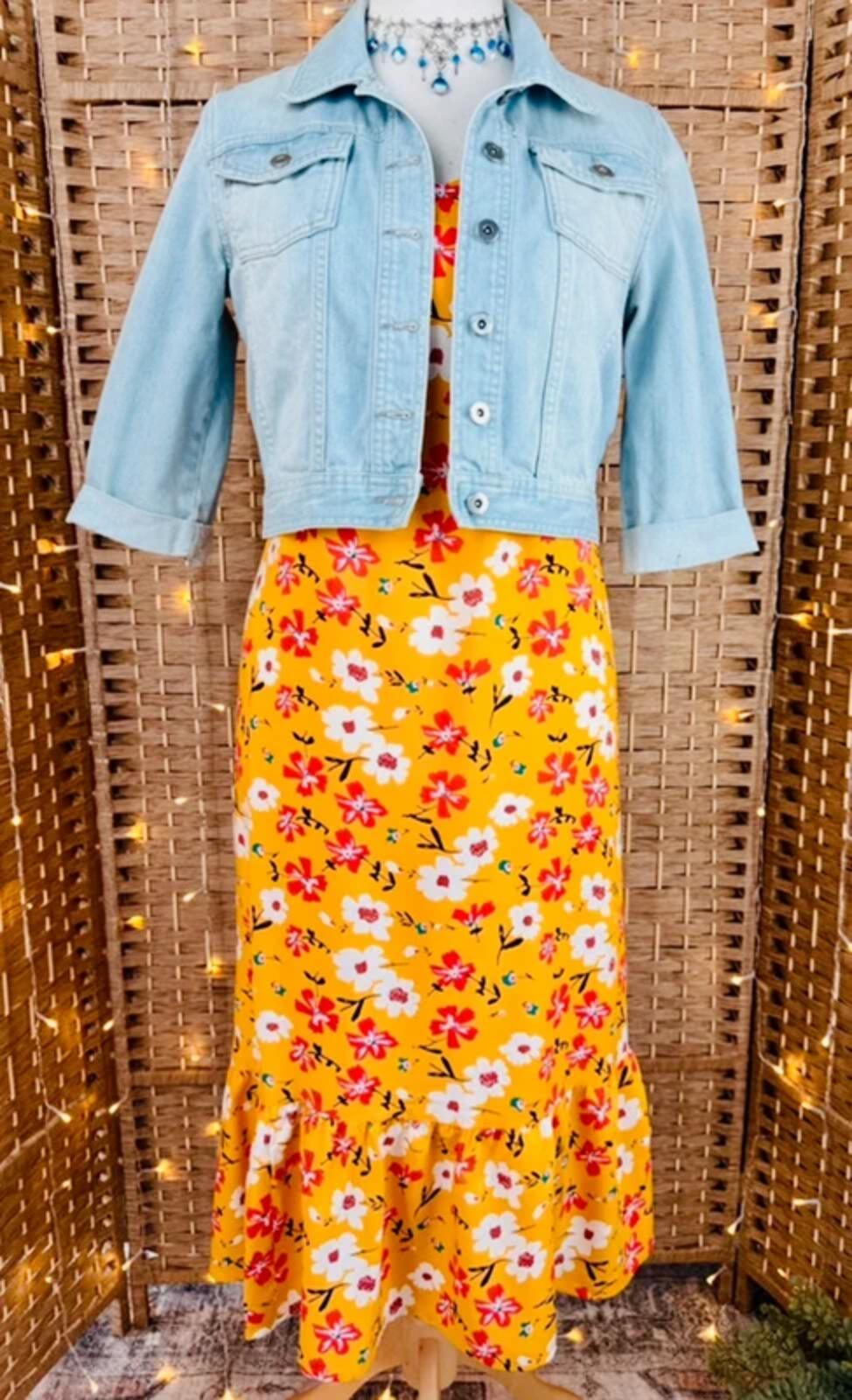 Boho Yellow Floral Frill Hem Midi Dress Size L Festival