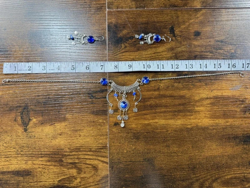 Handmade Blue Statement Necklace & Earrings Set Boho Festival
