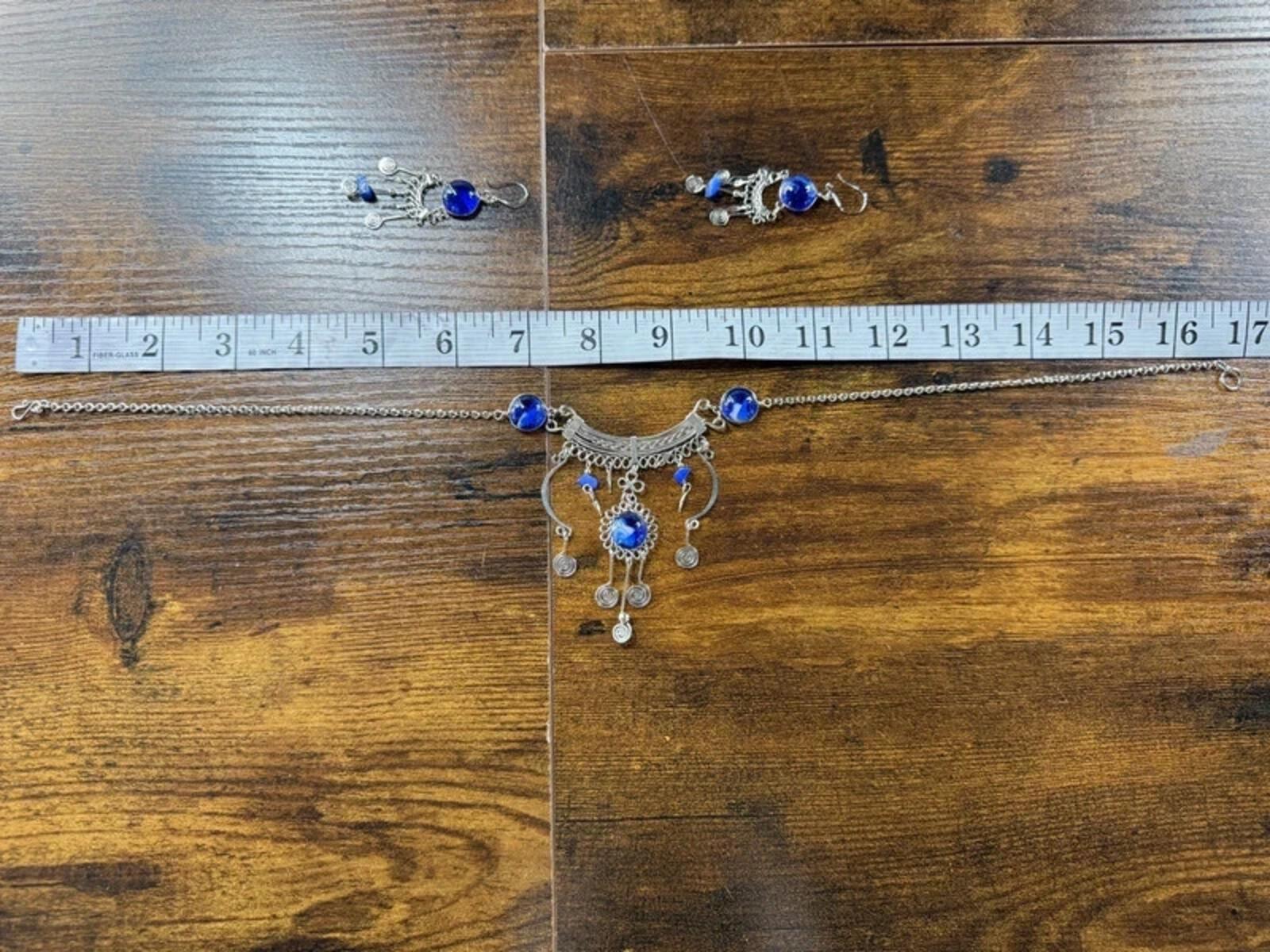 Handmade Blue Statement Necklace & Earrings Set Boho Festival