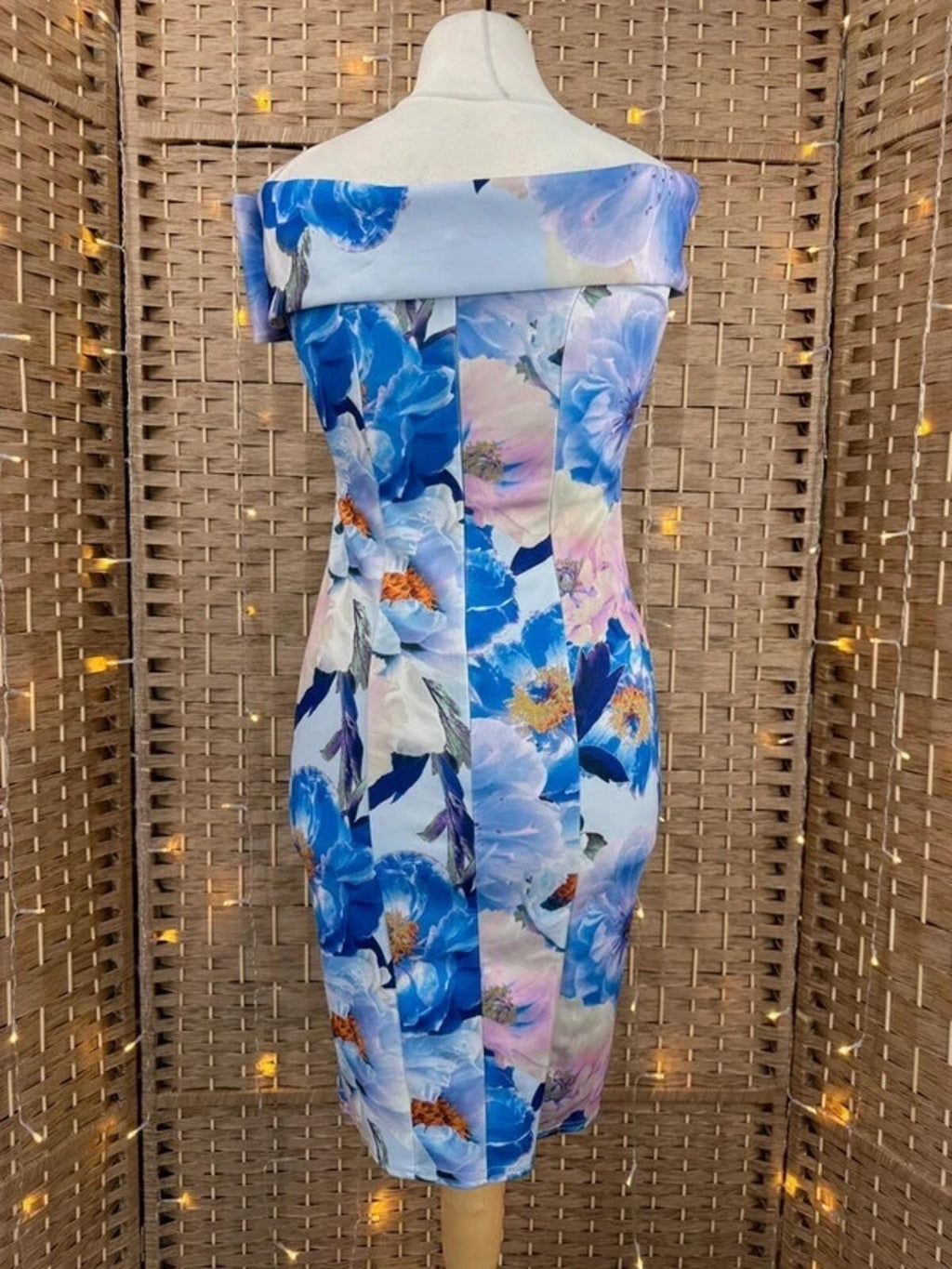 Scuba Crepe Floral Bardot Midi Dress UK 12 Bodycon Occasion