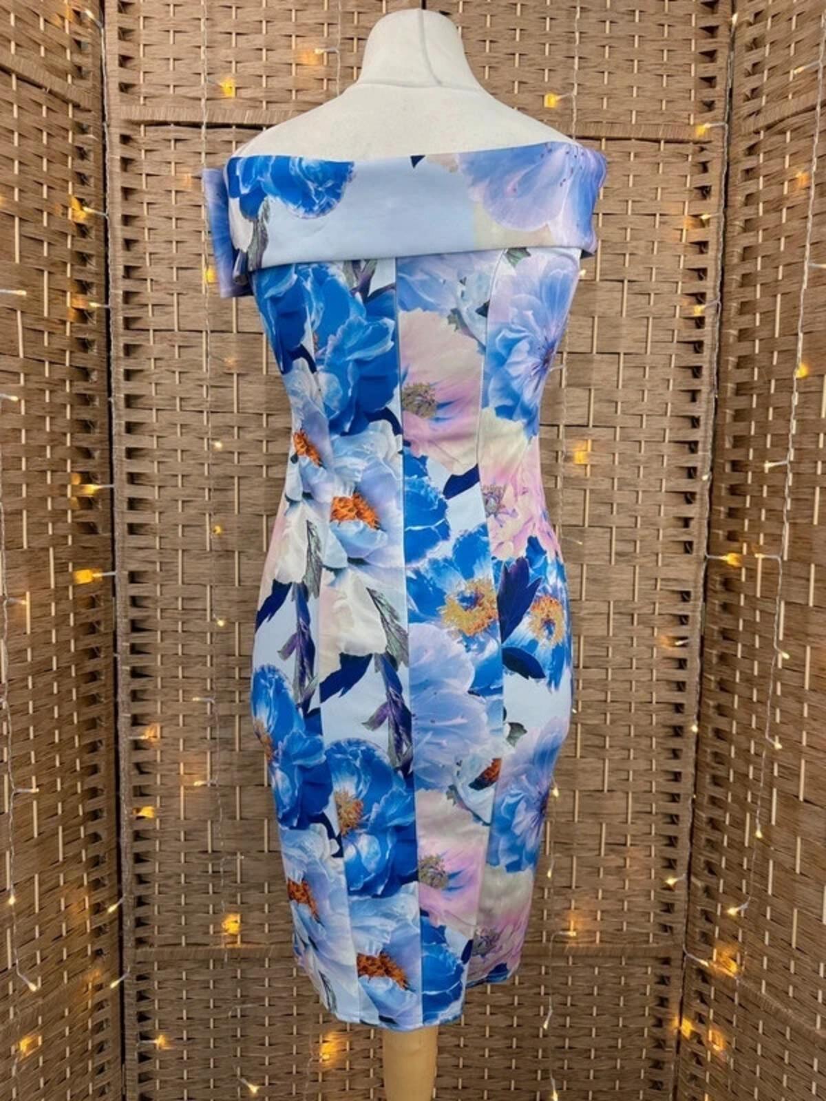 Scuba Crepe Floral Bardot Midi Dress UK 12 Bodycon Occasion