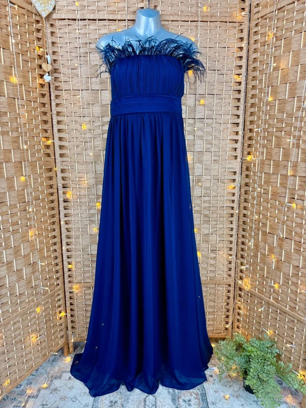 Goddiva Navy Feather Bandeau Maxi Dress UK 8 Prom Cruise