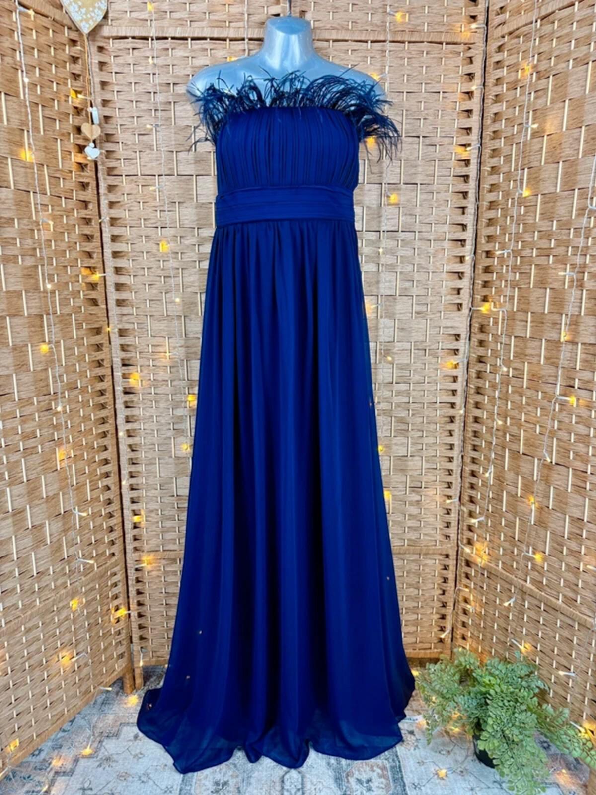Goddiva Navy Feather Bandeau Maxi Dress UK 8 Prom Cruise