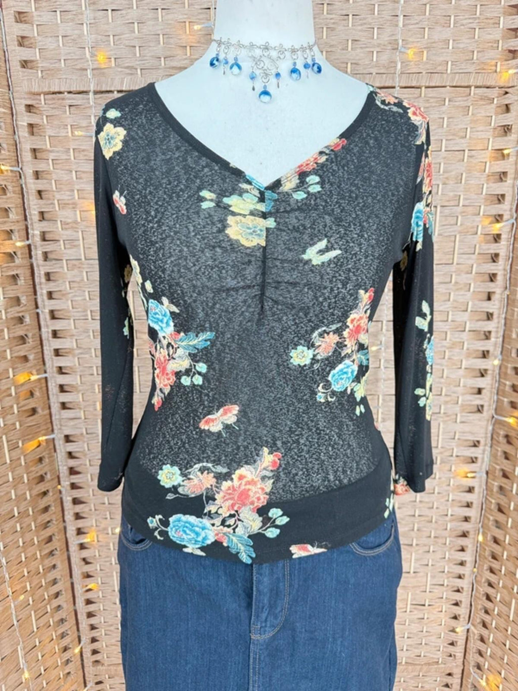 Y2K Wallis Sheer Floral Top UK 14 Boho Mesh 00s Vintage