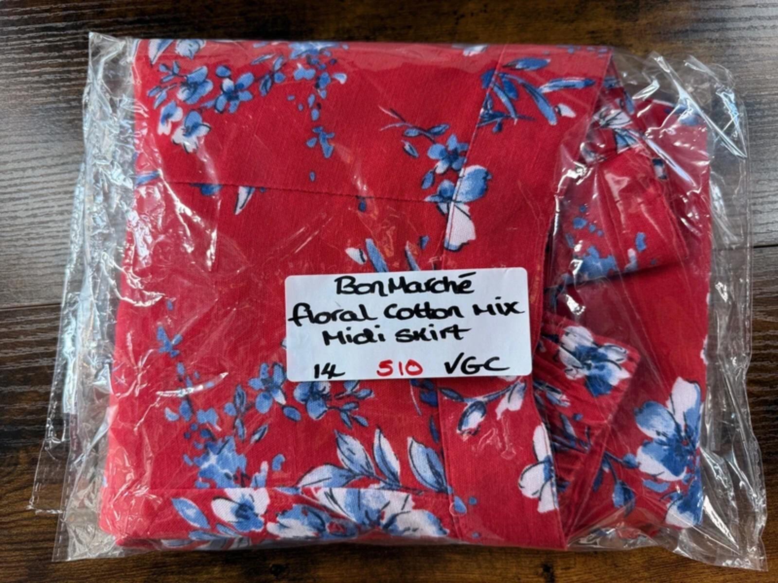 Bonmarché Red Floral Midi Skirt UK 14 Elastic Waist Summer