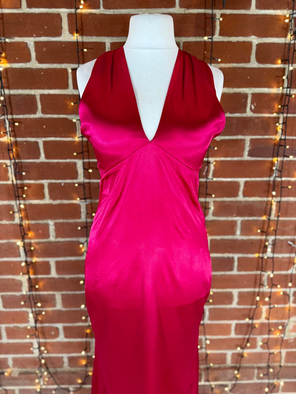 💗Vicky Pattison x Goddiva Hot Pink Satin Halter Maxi Dress UK 12 #105