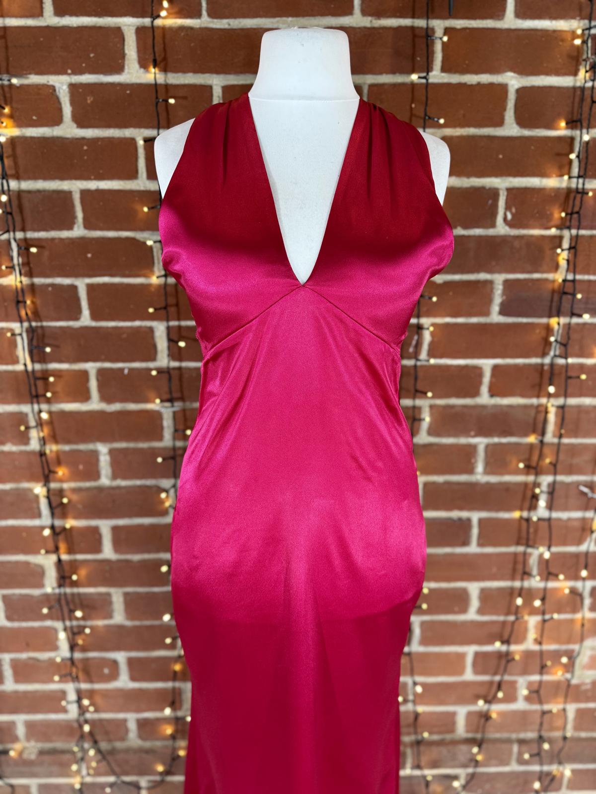 💗Vicky Pattison x Goddiva Hot Pink Satin Halter Maxi Dress UK 12 #105